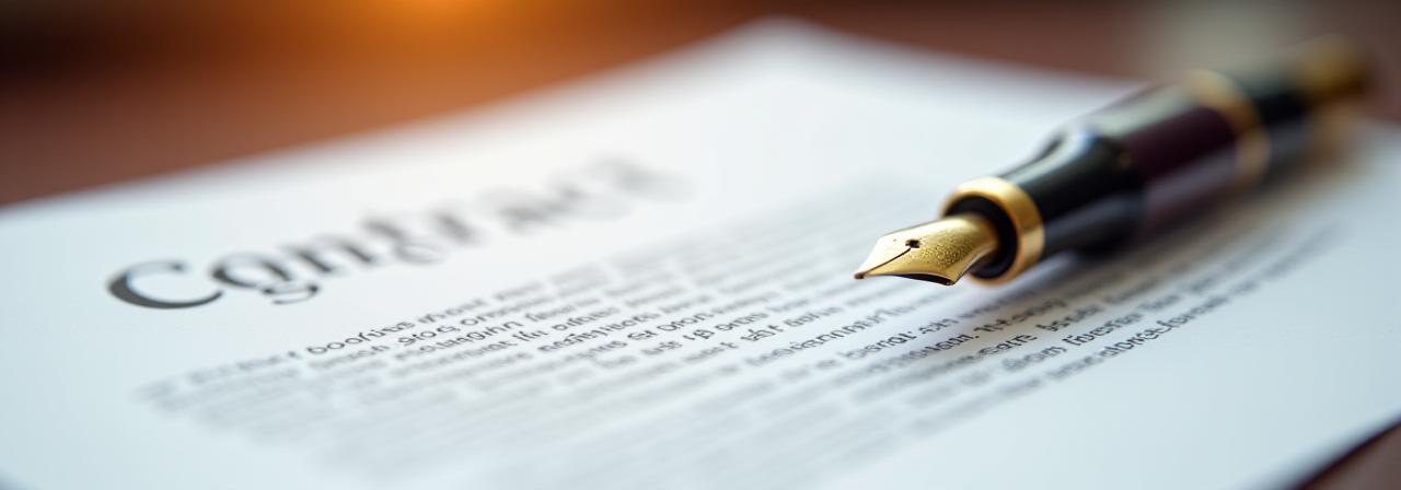 Close up of a legal document and a fountain pen on a mahogany desk